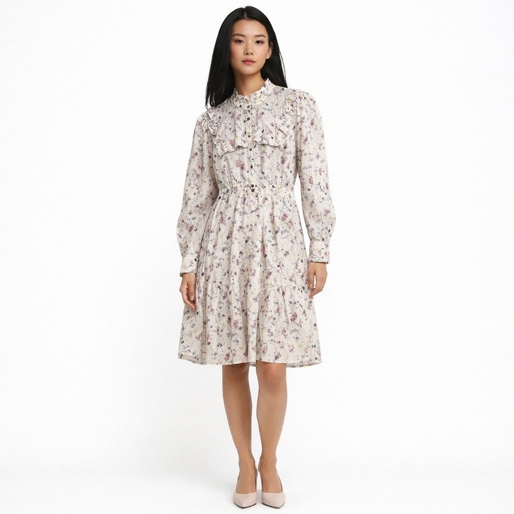 ba&sh Bella Dress M Beige Floral Ruffle Parisian Boho Cottagecore Prairie Fairy